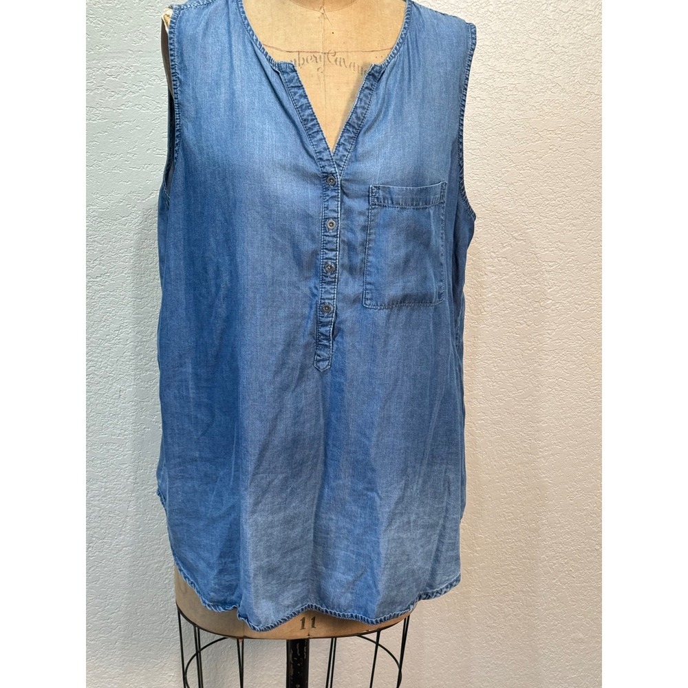 Terre Bleue Womens XL Blue Lyocell Denim Chambray Sleeveless Henley Tank Top